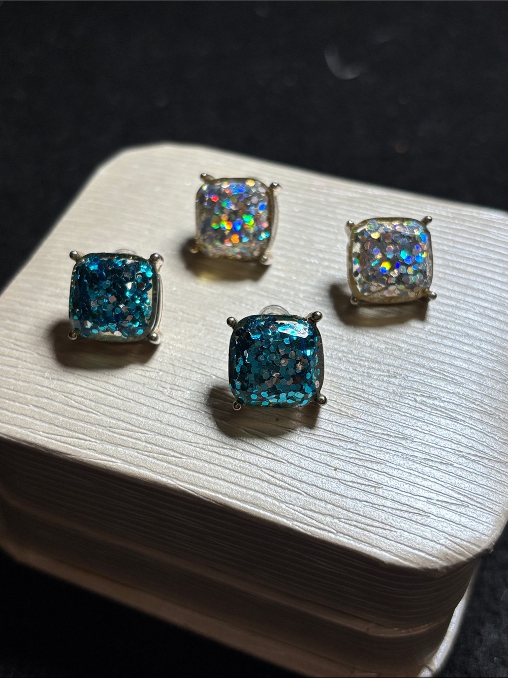 Kate Spade  Cushion Cut Glitter Stud Earrings Set – Blue & Holographic